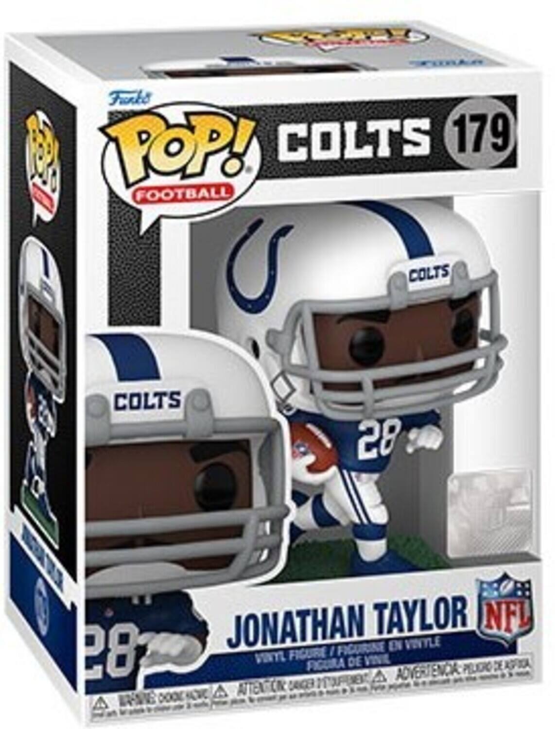 The text on the image is:

"POP! FOOTBALL COLTS 179 JONATHAN TAYLOR NFL FIGURINE EN VINYLE FIGURA DE VINIL ADVERTENCIA PEJGR DE ME A A ATTENTION EDAD"