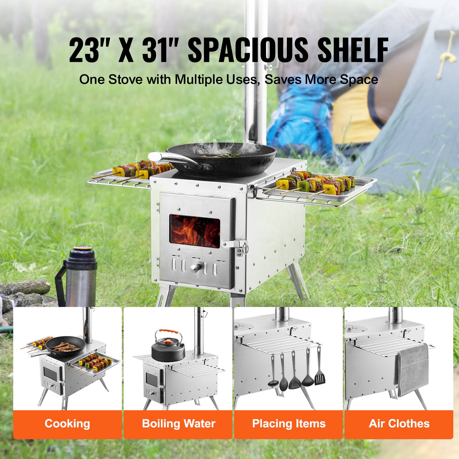 23" X 31" SPACIOUS SHELF  
One Stove with Multiple Uses, Saves More Space  

Cooking  
Boiling Water  
Placing Items  
Air Clothes