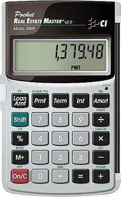 Pocket REAL ESTATE MASTER" v2.0 MODEL 3400
10
1,379.48 PMT
FV Ar-Ony Park Loan Pmt Term Amt
Int
NOBEY 60 Amort PNEY
Shift
7
8
9
%
CloerAl
%
4
5
6
x
M-RVC

M+
1
2
3
-
OFF
Date
Mododo
On/C
0
o
=
