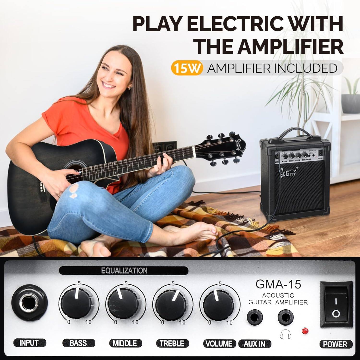 PLAY ELECTRIC WITH THE AMPLIFIER  
15W AMPLIFIER INCLUDED  

EQUALIZATION  
INPUT BASS MIDDLE TREBLE VOLUME AUX IN POWER  

GMA-15  
ACOUSTIC GUITAR AMPLIFIER