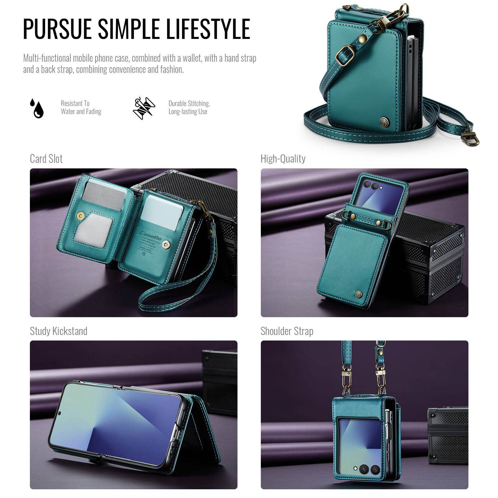 PURSUE SIMPLE LIFESTYLE

Multi-functional mobile phone case, combined with a wallet, with a hand strap and a back strap, combining convenience and fashion.

- Resistant to Water and Fading
- Durable Stitching, Long-lasting Use
- High-Quality
- Card Slot
- Study Kickstand
- Shoulder Strap