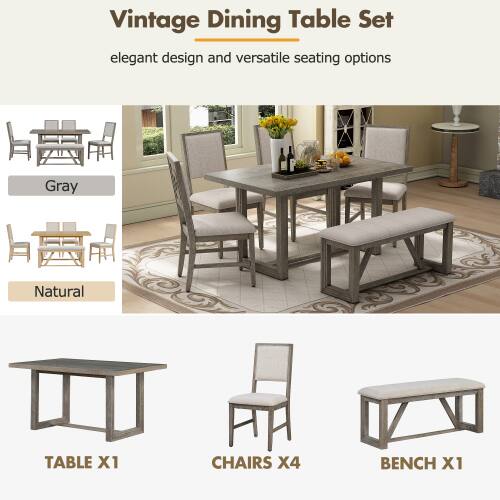 Vintage Dining Table Set elegant design and versatile seating options Gray Natural TABLE X1 CHAIRS X4 BENCH X1