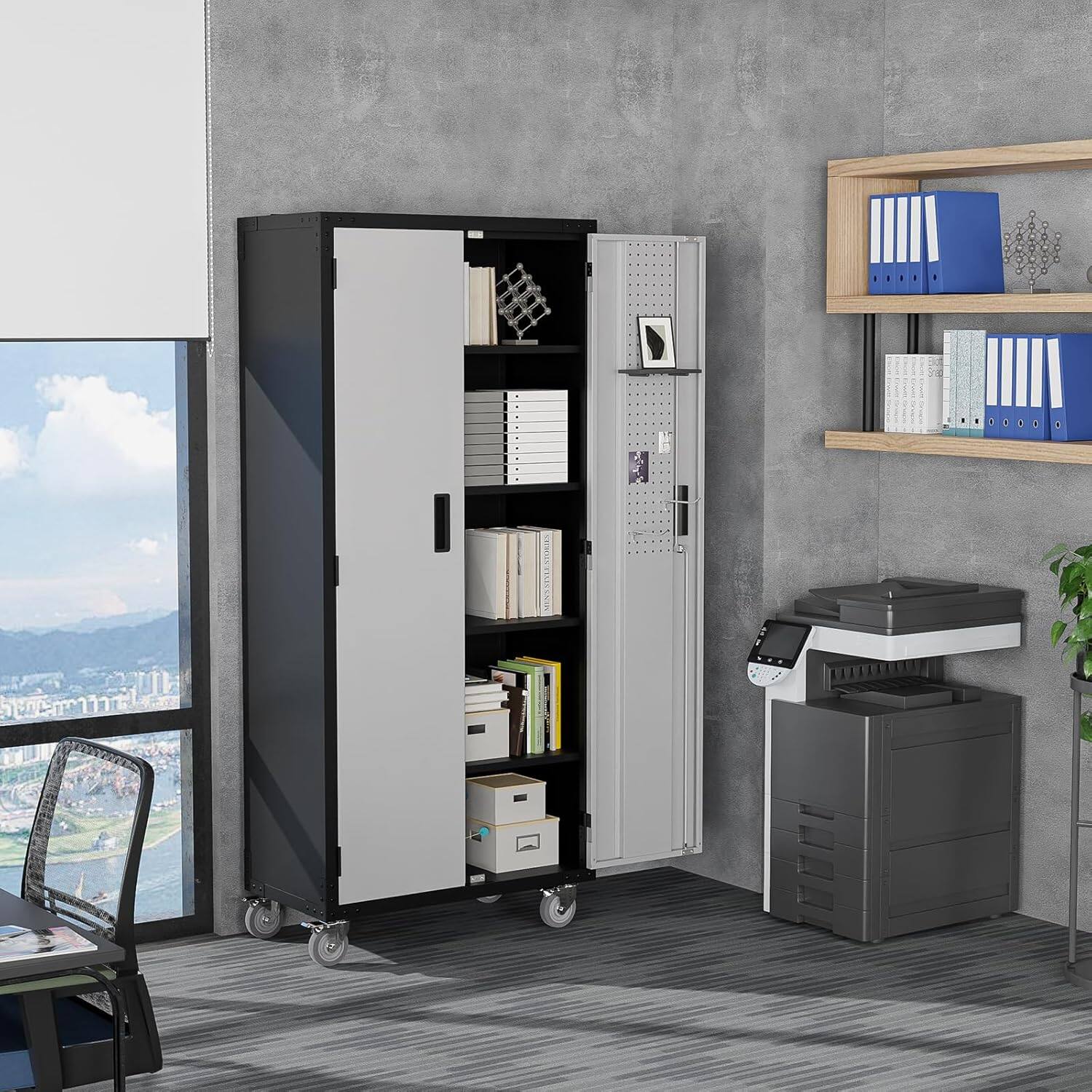 Left. Winado - Heavy-Duty 72" Tall Garage Storage Cabinet with Pegboards & Adjustable Shelves & Locking Doors & Wheels for Garage, Home - Black & Silver.