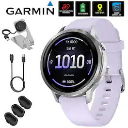 Bundle - Garmin - Venu 4 Health & Fitness GPS Smartwatch 41 mm + Charging Dock & Extra Cable - Silver with Periwinkle Silicone Band - (2025)