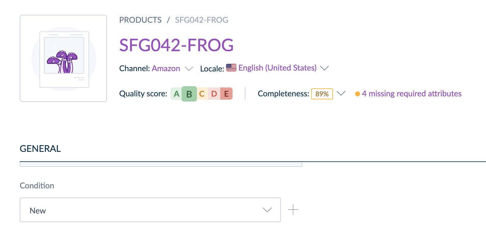 PRODUCTS / SFG042-FROG  
Channel: Amazon  
Locale: English (United States)  
Quality score: A B C D E  
Completeness: 89% (4 missing required attributes)  

GENERAL  
Condition: New