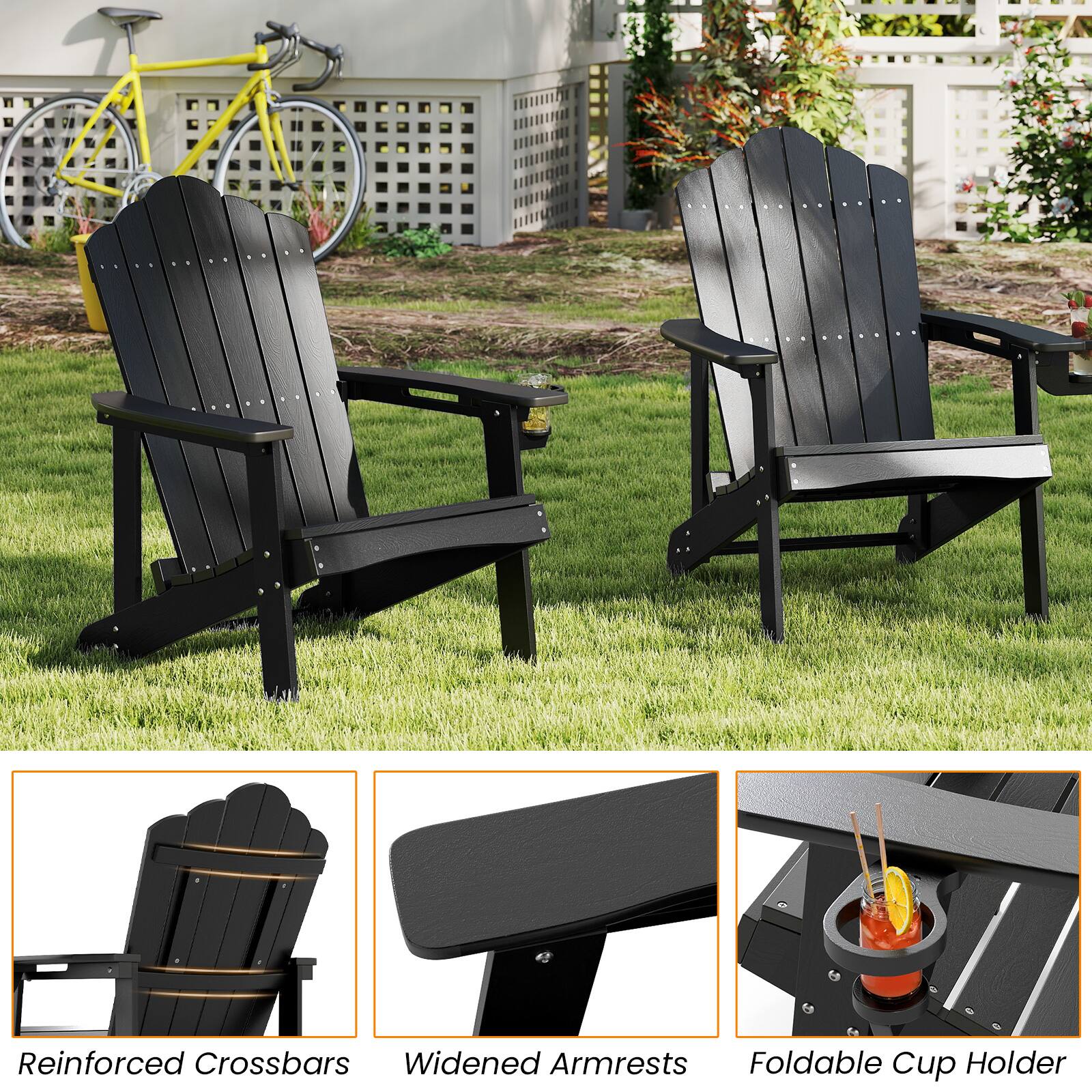 Reinforced Crossbars  
Widened Armrests  
Foldable Cup Holder