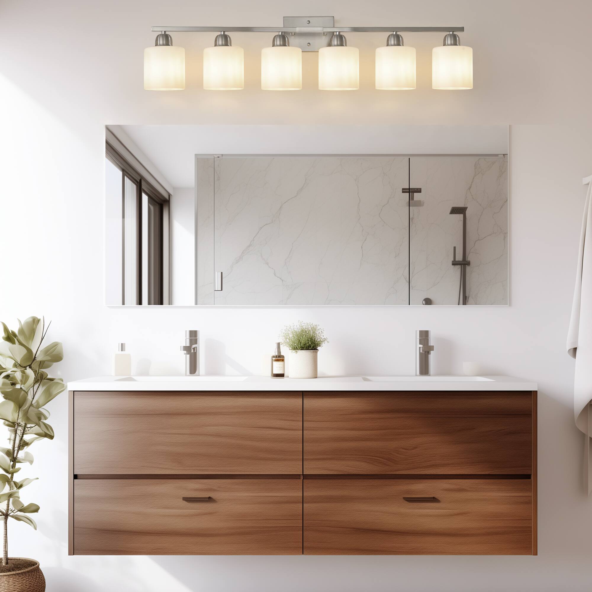 Left. HOMLUX - 38.19 in. 6 Lights White LED Vanity Light Bar with Crystal Shade.