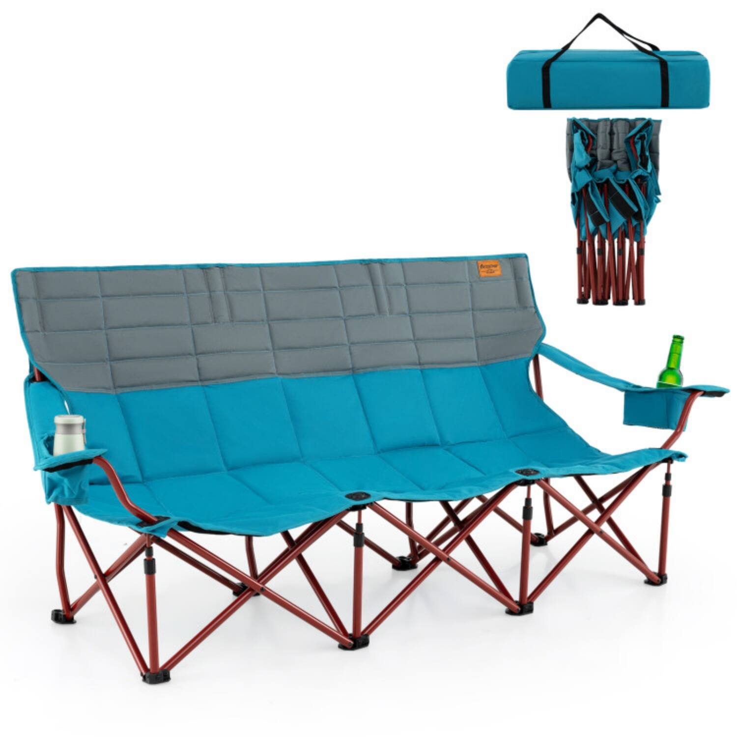 Alt View 4. Mondawe - Extra Wide Folding Camping Chair for 3 Persons w Cup Holders & Carry Bag Heavy Duty 900 lbs - Blue.