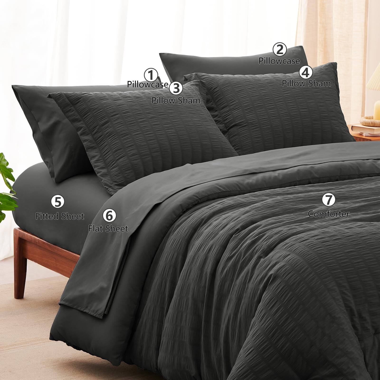 1. Pillowcase
2. Pillowcase
3. Pillow Sham
4. Pillow Sham
5. Fitted Sheet
6. Flat Sheet
7. Comforter