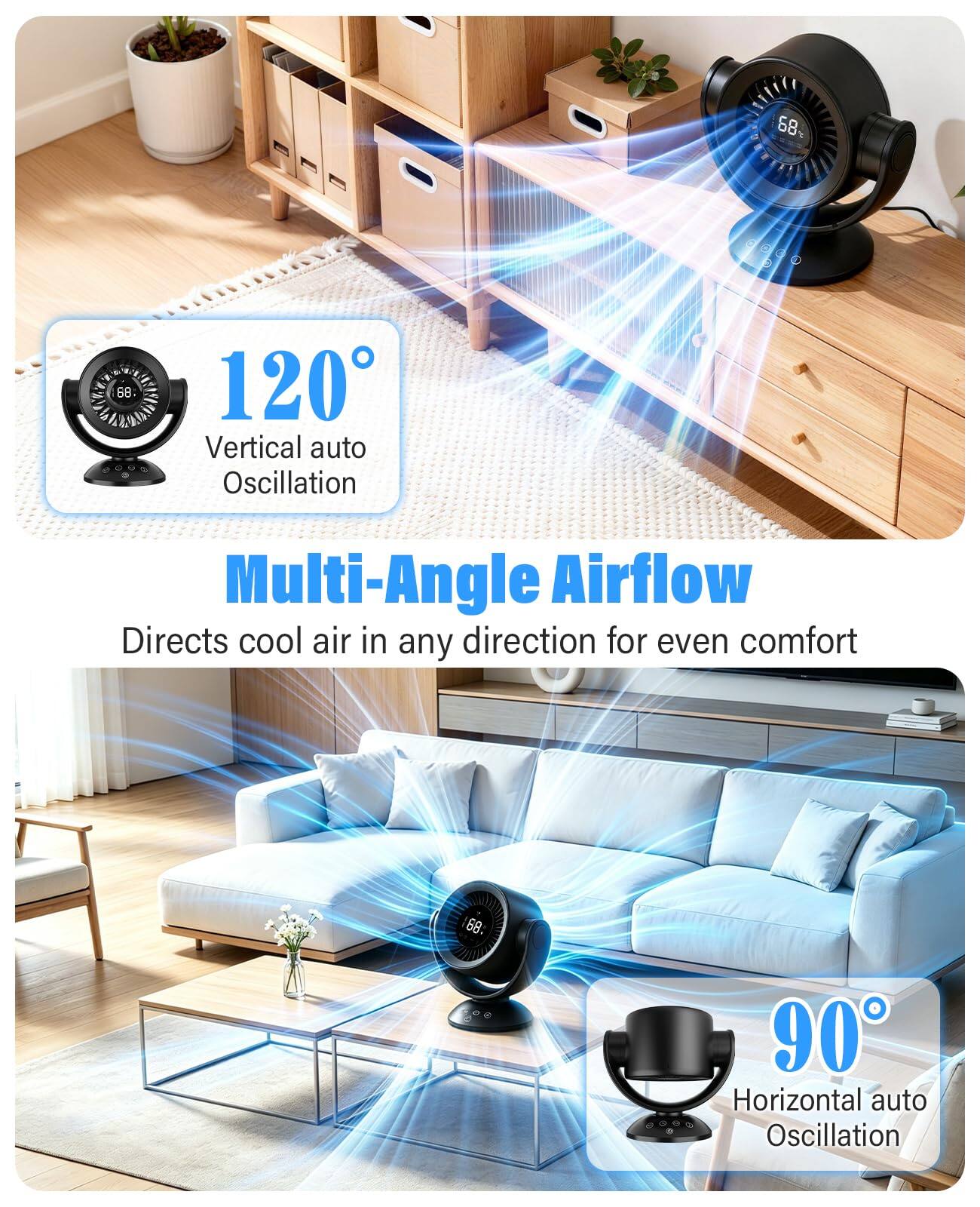 68% 68 120 Vertical auto Oscillation Multi-Angle Airflow Directs cool air in any direction for even comfort 68. 90 Horizontal auto Oscillation