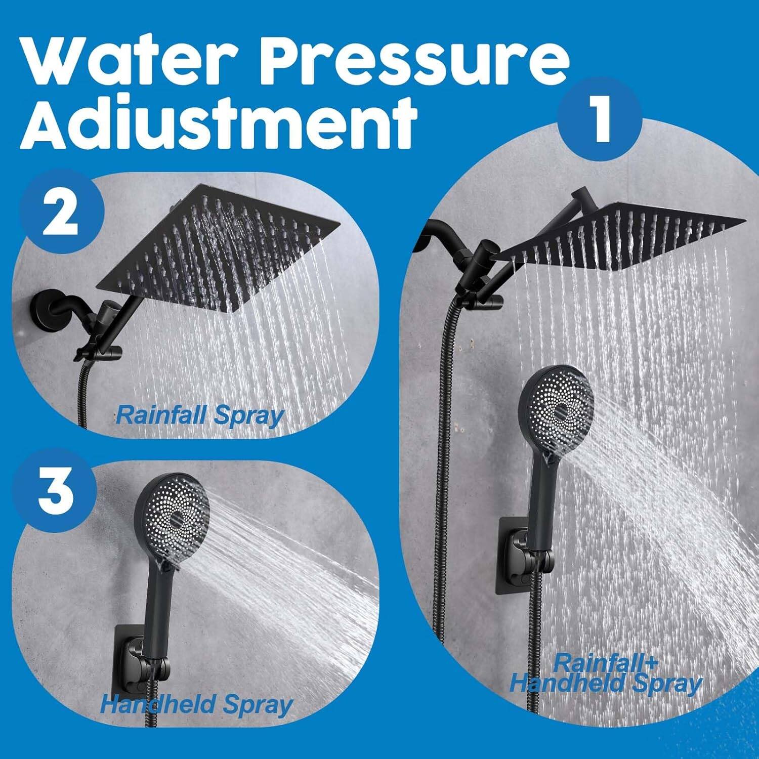 Water Pressure Adjustment

1. Rainfall Spray

2. Rainfall+ Handheld Spray

3. Handheld Spray