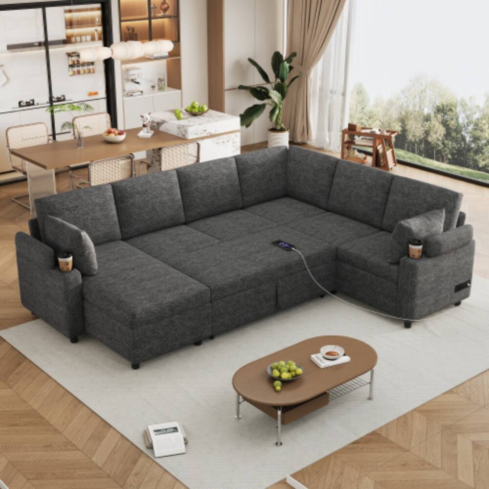 Angle. LUCKY ONE - 109.9" U-Shaped Convertible Sectional Sofa Bed w/ Storage Cup Holders USB Ports - Grey.