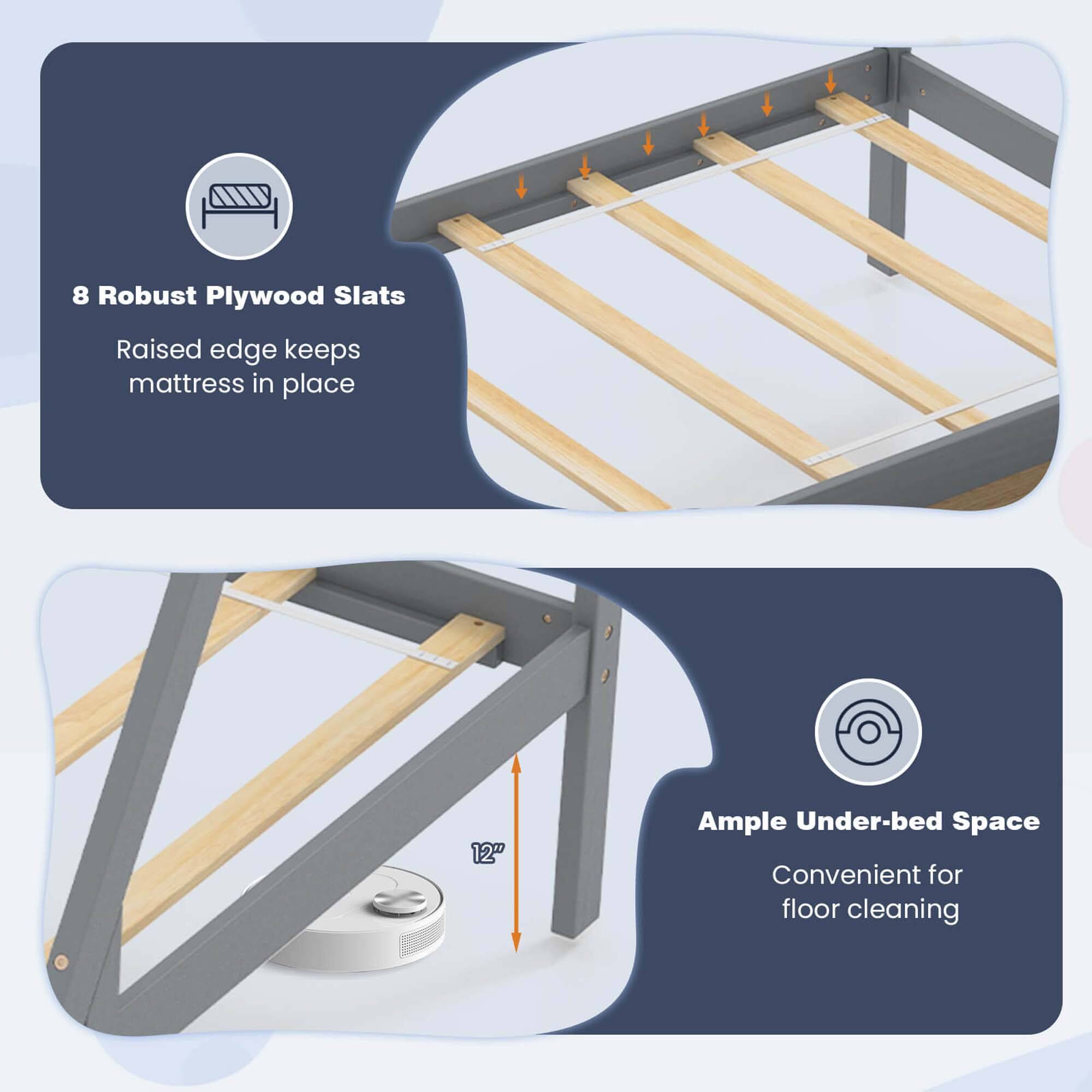 The text on the image is grouped as follows:

1. 8 Robust Plywood Slats: Raised edge keeps mattress in place.
2. 12" Ample Under-bed Space: Convenient for floor cleaning.

The corrected text is:

1. 8 Robust Plywood Slats: Raised edge keeps mattress in place.
2. 12" Ample Under-bed Space: Convenient for floor cleaning.