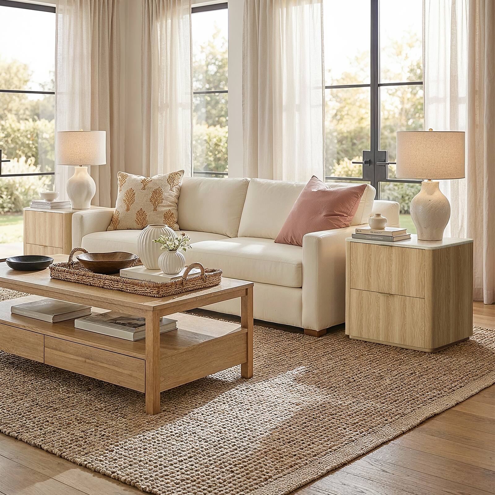 Left. ModernMate - Nightstand with 2 Drawers Modern Faux Travertine 23.6" Nightstand End Table for Bedroom Living Room - Natural Oak.