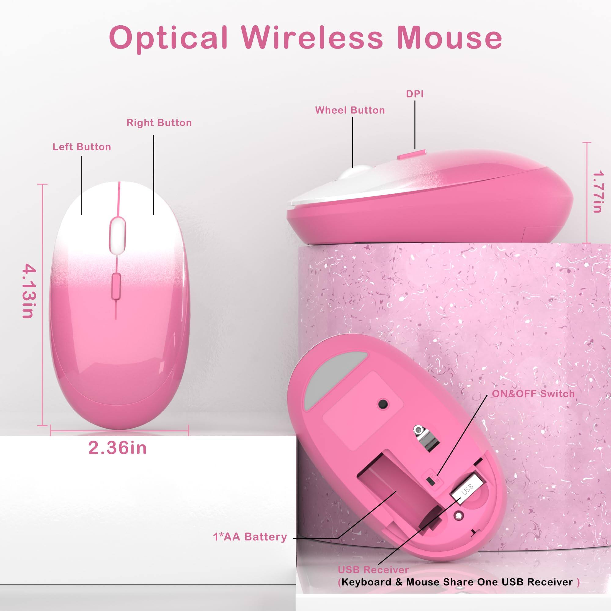 Optical Wireless Mouse

- Left Button
- Right Button
- Wheel Button
- DPI
- 1.77in
- 4.13in
- 2.36in
- 1*AA Battery
- ON&OFF Switch
- USB Receiver (Keyboard & Mouse Share One USB Receiver)