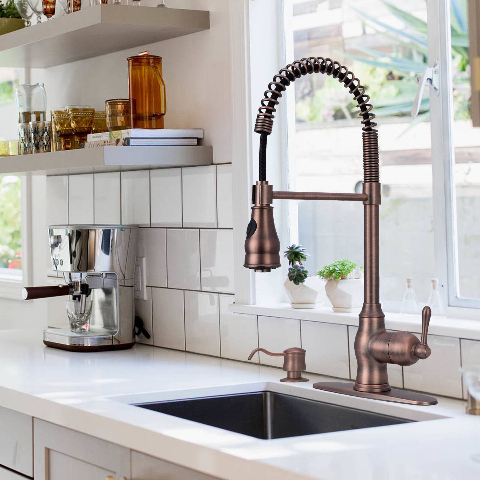 Alt View 4. Akicon - Akicon Pre-Rinse Spring 360° Swivel Solid Brass Single Handle Kitchen Faucet with Pull Down Sprayer in Antique Brass - Antique Brass.