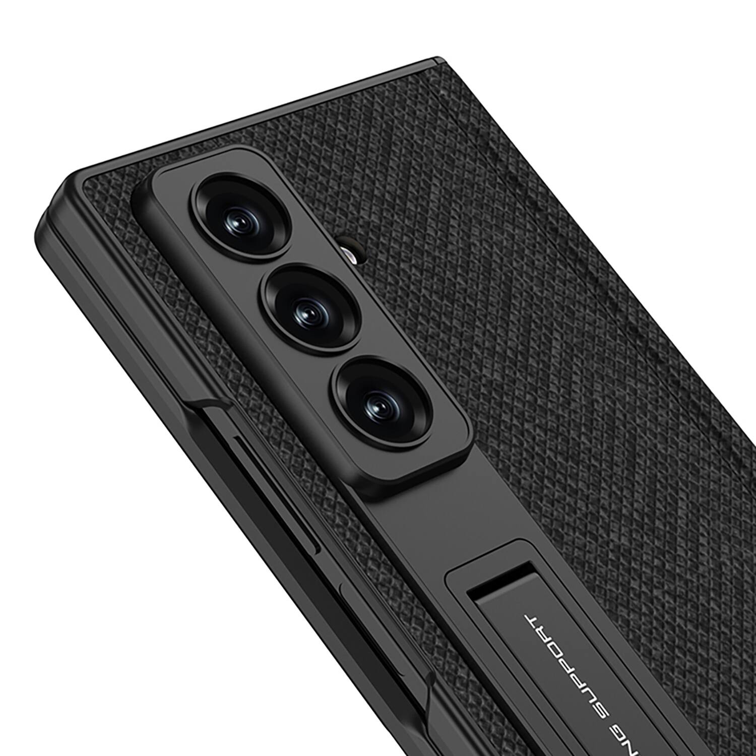 Back. Dteck - Shockproof Leather Texture Case for Samsung Galaxy Z Fold8 Ultra with Stand, Rigid Plastic Cover Built in Screen Film - Brown.