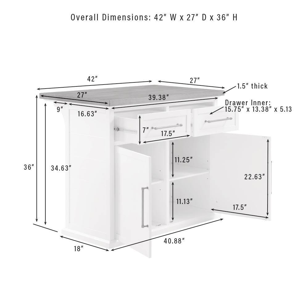 Overall Dimensions: 42" W x 27" D x 36" H  
Drawer Inner: 15.75" x 13.38" x 5.13"