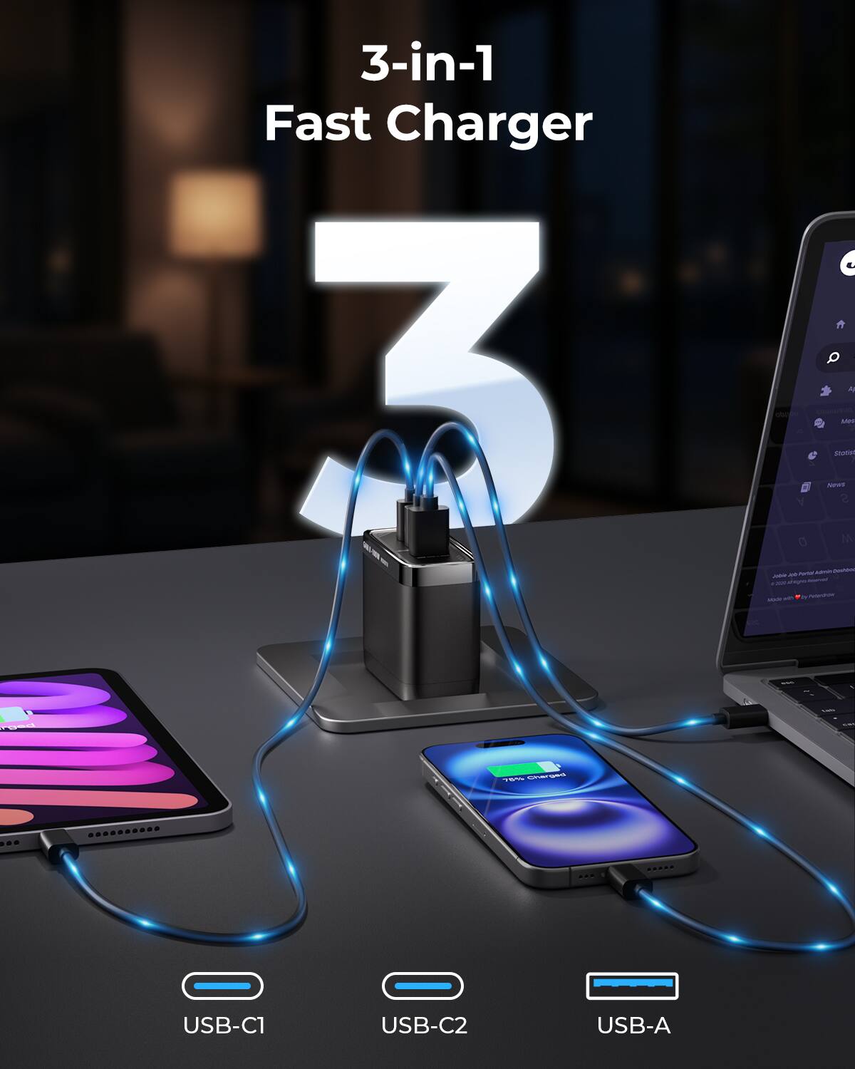 3-in-1 Fast Charger

USB-C1 USB-C2 USB-A