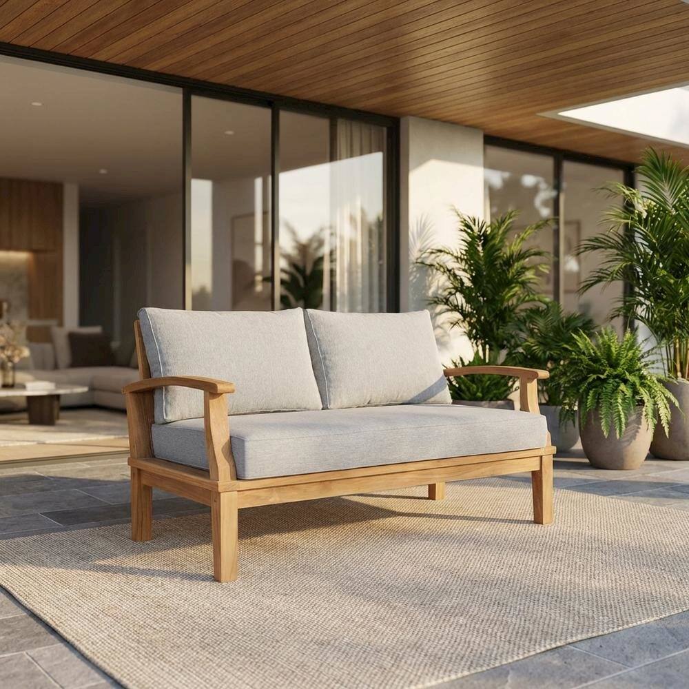 Angle. Outdoor Escape - Teak Outdoor Left-Facing Sofa With Cushions And Armrests - Gray.