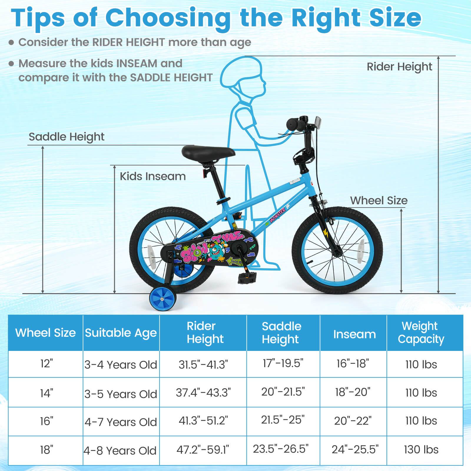 Tips of Choosing the Right Size

- Consider the RIDER HEIGHT more than age
- Measure the kids INSEAM and compare it with the SADDLE HEIGHT

| Wheel Size | Suitable Age | Rider Height | Saddle Height | Inseam | Weight Capacity |
|------------|--------------|--------------|--------------|--------|----------------|
| 12"        | 3-4 Years Old | 31.5"-41.3"   | 17"-19.5"     | 16"-18" | 110 lbs        |
| 14"        | 3-5 Years Old | 37.4"-43.3"   | 20"-21.5"     | 18"-20" | 110 lbs        |
| 16"        | 4-7 Years Old | 41.3"-51.2"   | 21.5"-25"     | 20"-22" | 110 lbs        |
| 18"        | 4-8 Years Old | 47.2"-59.1"   | 2