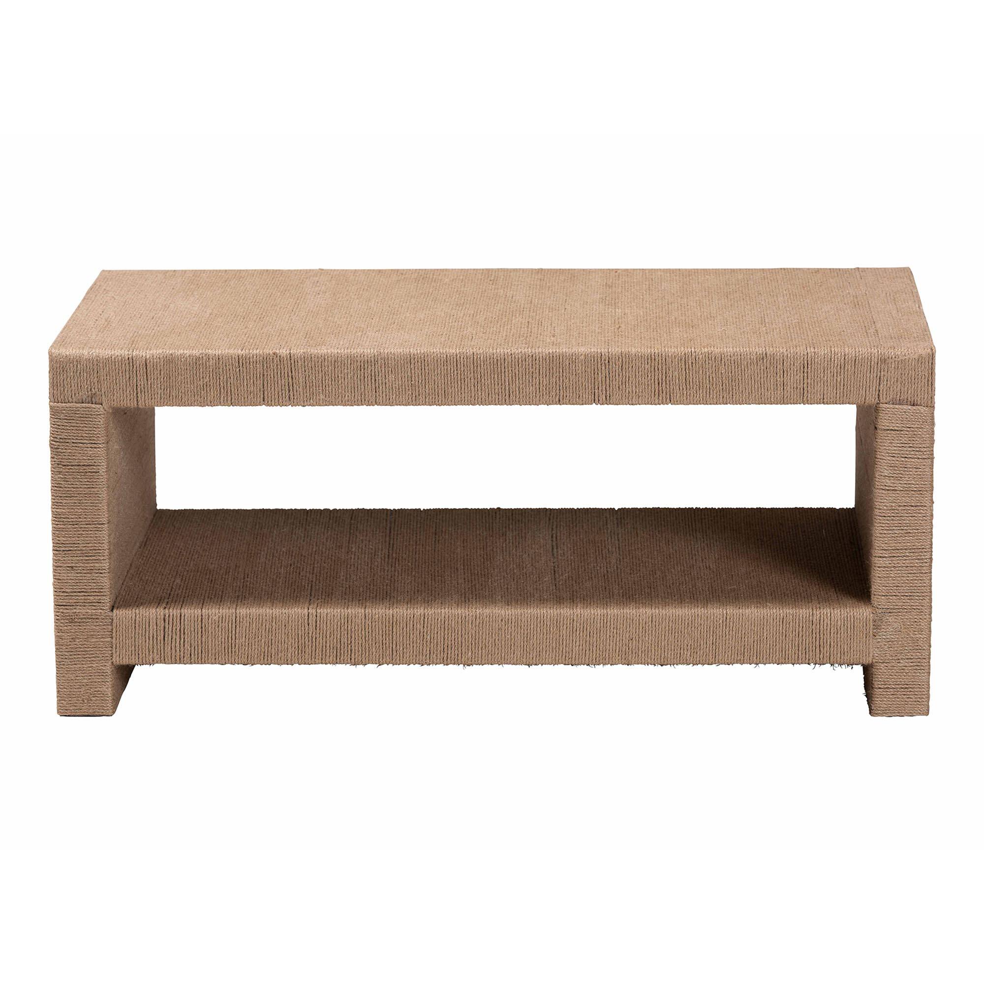 Angle. bali & pari - Adaya Handwoven Jute Coffee Table - Rectangular Living Room Center Table with Open Shelf Storage - Natural Brown.