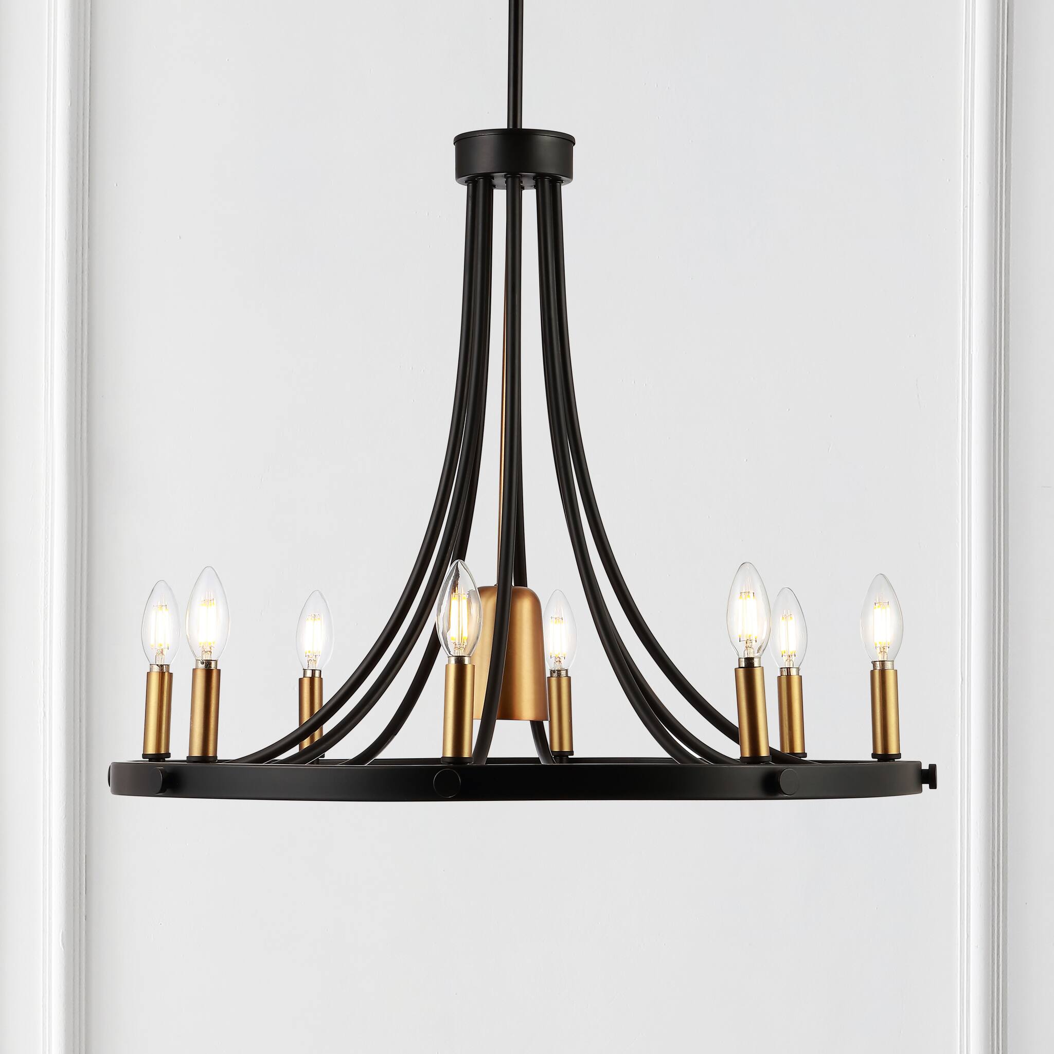 Alt View 1. Jonathan Y - Dante 26.75" 9-Light Transitional Modern Iron Adjustable Wagon Wheel LED Chandelier with Downlight, Black/Brass Gold - Black/Brass Gold.