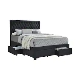 Manhattan Lane - Fabric Upholstered Wooden Eastern King Size Bed with Bottom Drawers - Black