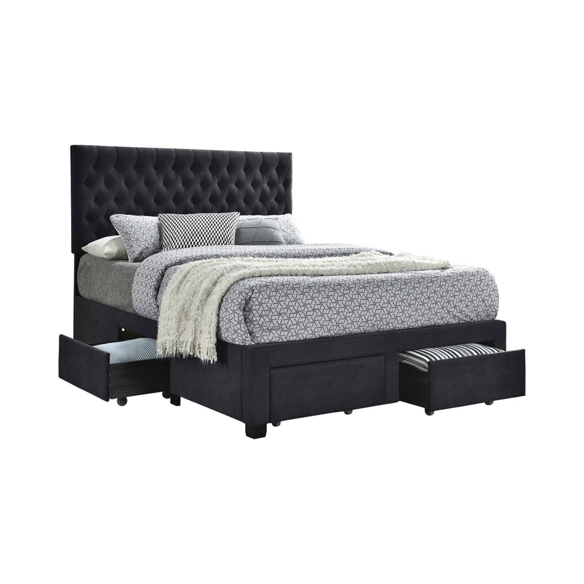 Front. Manhattan Lane - Fabric Upholstered Wooden Eastern King Size Bed with Bottom Drawers - Black.