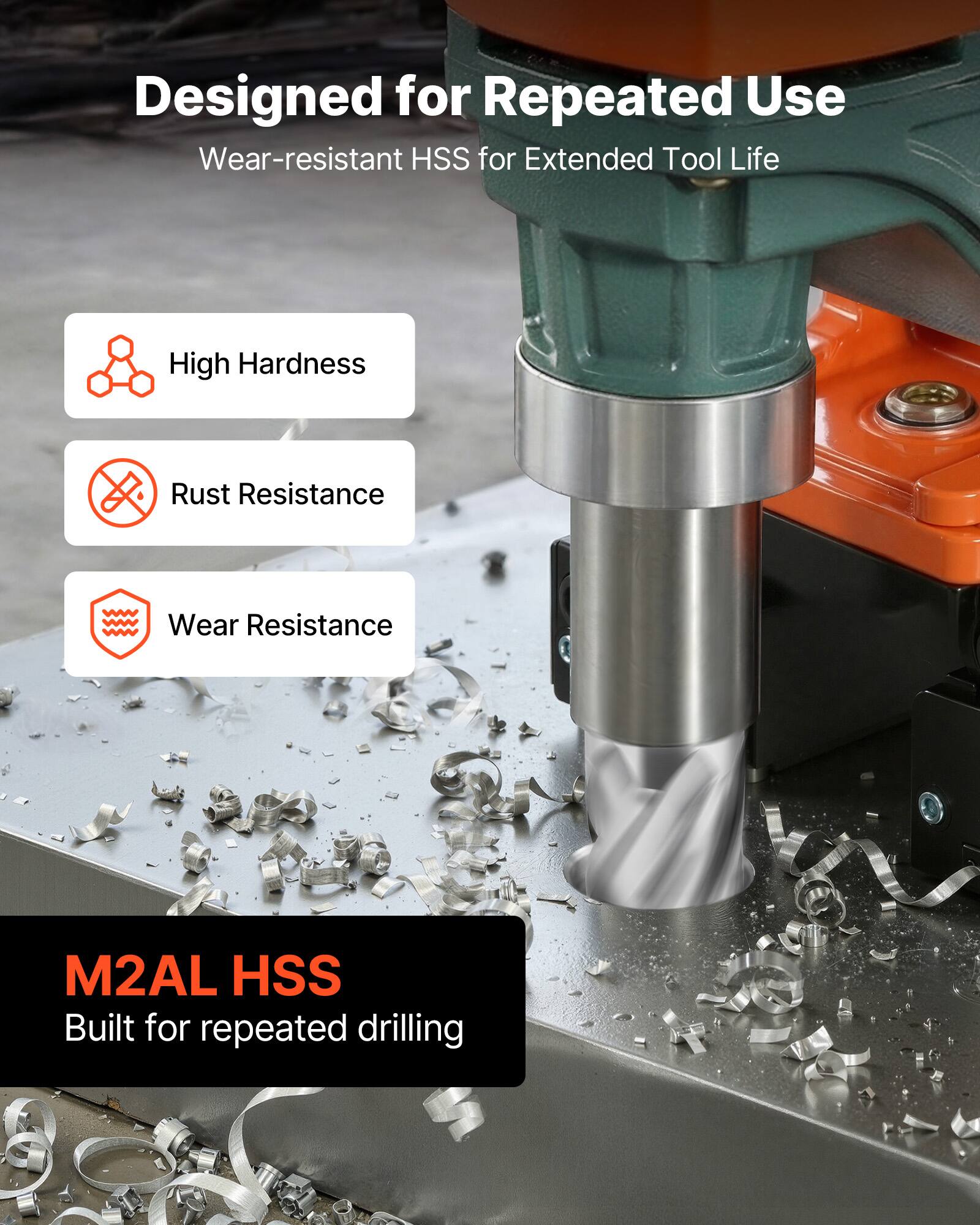 Designed for Repeated Use  
Wear-resistant HSS for Extended Tool Life  

- High Hardness  
- Rust Resistance  
- Wear Resistance  

M2AL HSS  
Built for repeated drilling