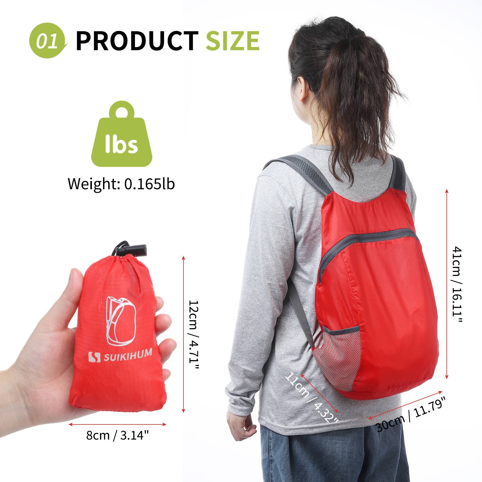 01 PRODUCT SIZE

Weight: 0.165lb

SUIKIHUM

- 8cm / 3.14"
- 12cm / 4.71"
- 11cm / 4.32"
- 41cm / 16.11"
- 30cm / 11.79"