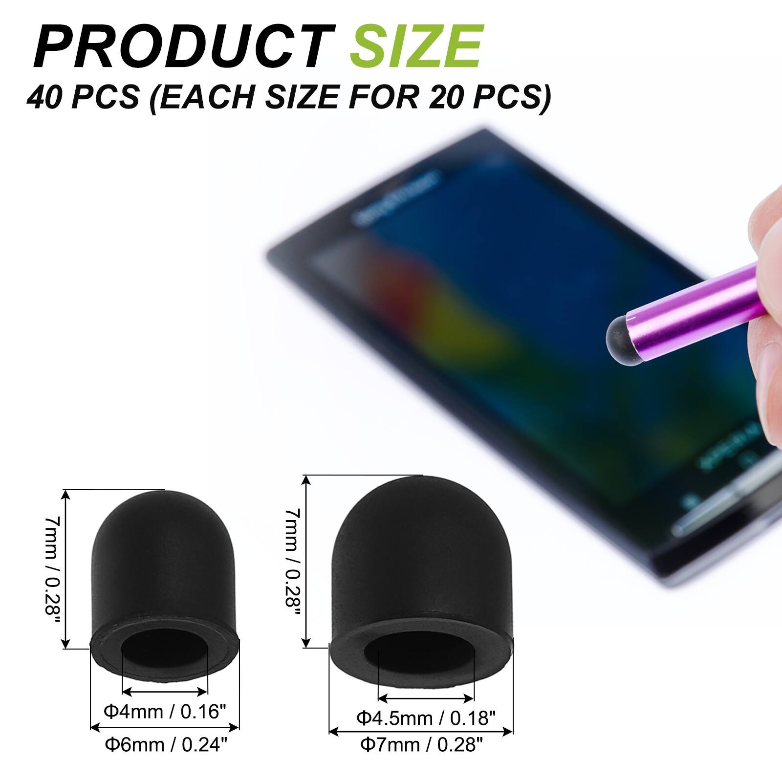 PRODUCT SIZE  
40 PCS (EACH SIZE FOR 20 PCS)  

- 7mm / 0.28"  
- 4mm / 0.16"  
- 6mm / 0.24"  
- 4.5mm / 0.18"  
- 7mm / 0.28"