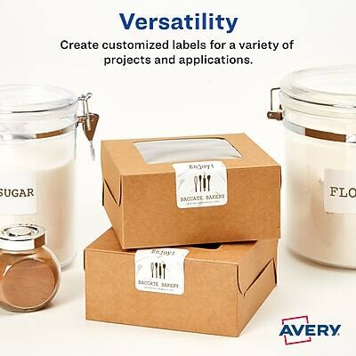 Versatility  
Create customized labels for a variety of projects and applications.  

Enjoy:  
SUGAR  
BACCATE BAKERY  
FLO  

BACCATE BAKERY  

AVERY