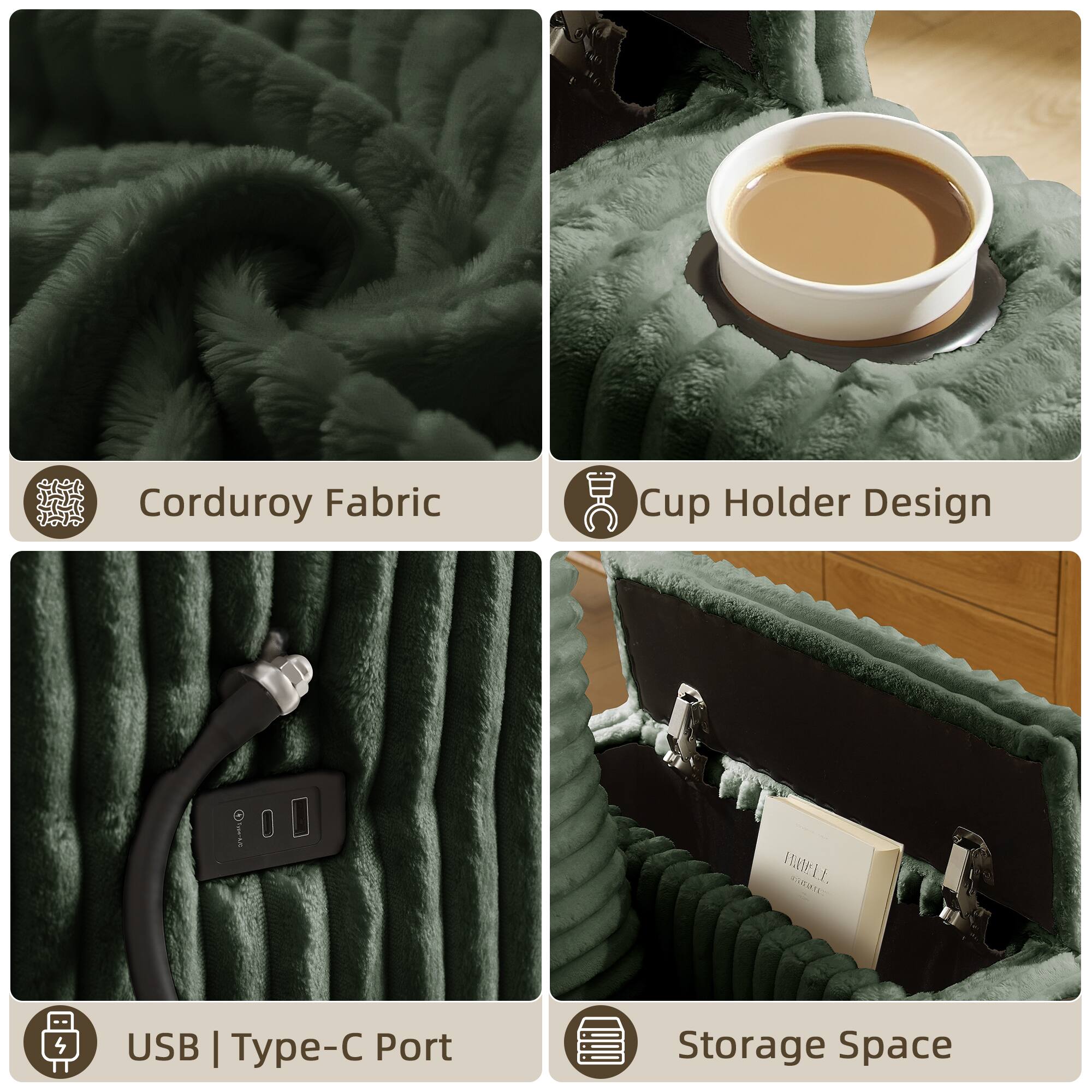 Corduroy Fabric  
Cup Holder Design  
USB | Type-C Port  
Storage Space