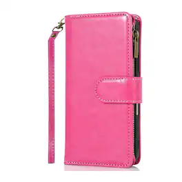 Kitcheniva - PU Leather Phone Wallet Zipper With Tempered Glass For iPhone 17 Pro Max - Hot Pink