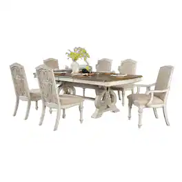 Manhattan Lane - Arca 7pc Dining Table Set with Fabric Chairs, Antique Solid Wood - White