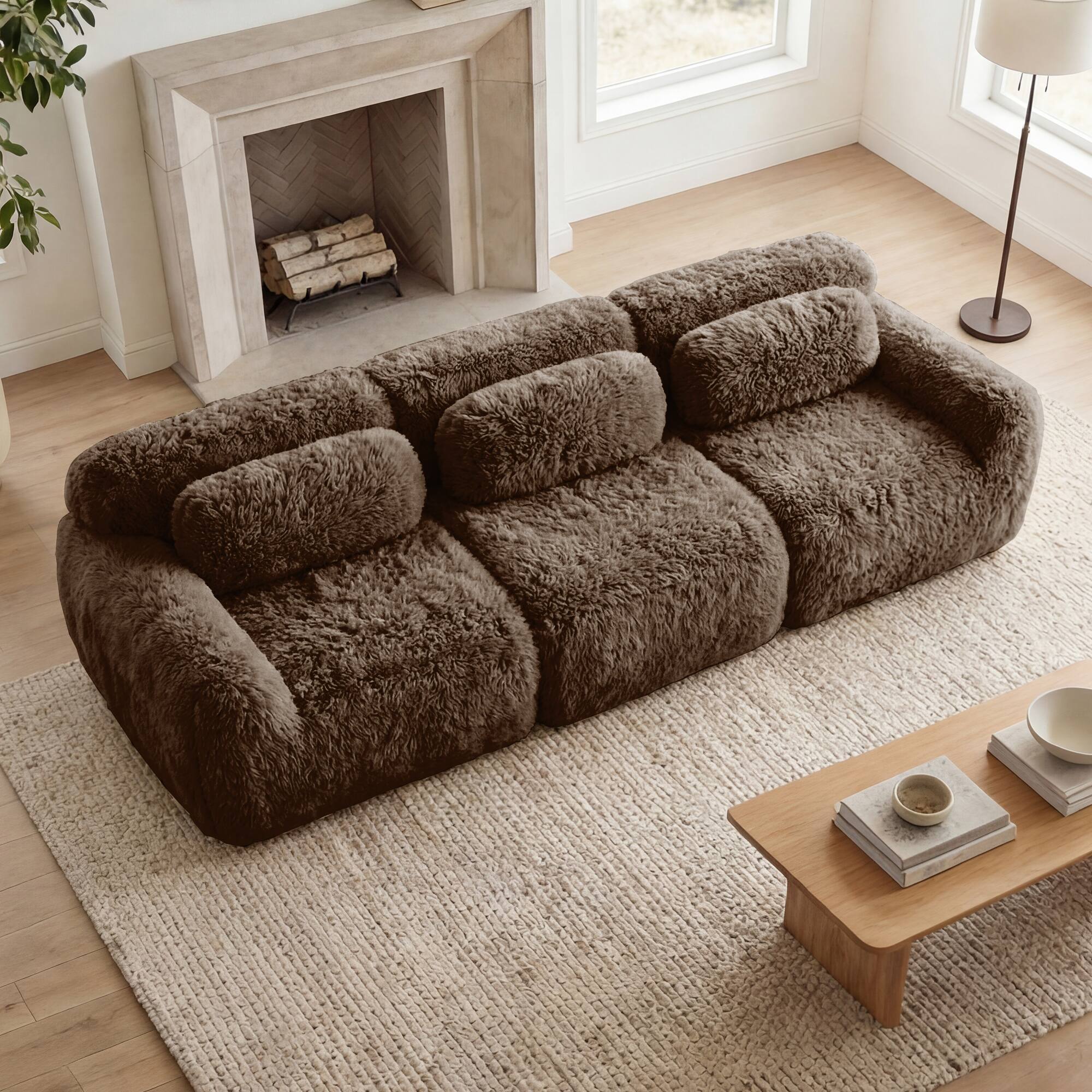 Angle. LOVMOR - Modular No Assembly Plush Sectional Couch Compressed Pack Anti Slip For Study Home Theater Cloud Soft Cozy Den - Chocolate.