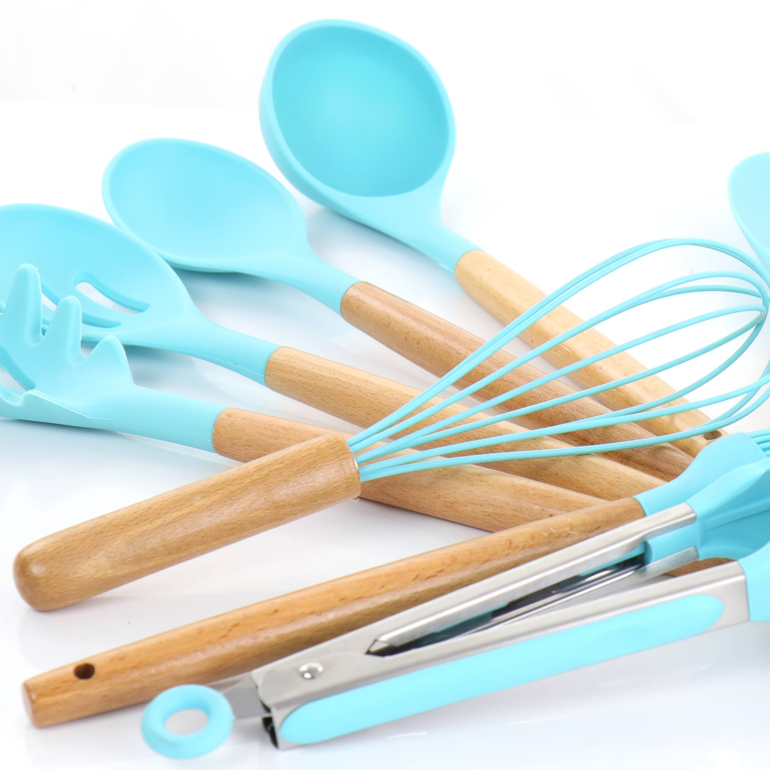 Alt View 2. MegaChef - MegaChef Light Teal Silicone and Wood Cooking Utensils, Set of 12 - Light Teal.
