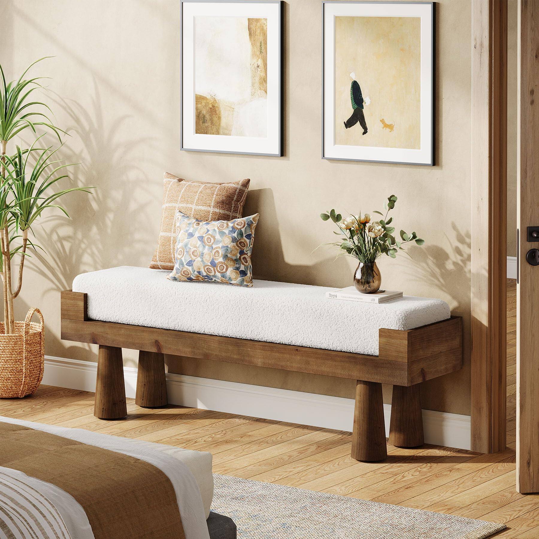 Alt View 1. Tribesigns - Upholstered Entryway Bench, Shoe Bench End of Bed for Bedroom - Brown and White.