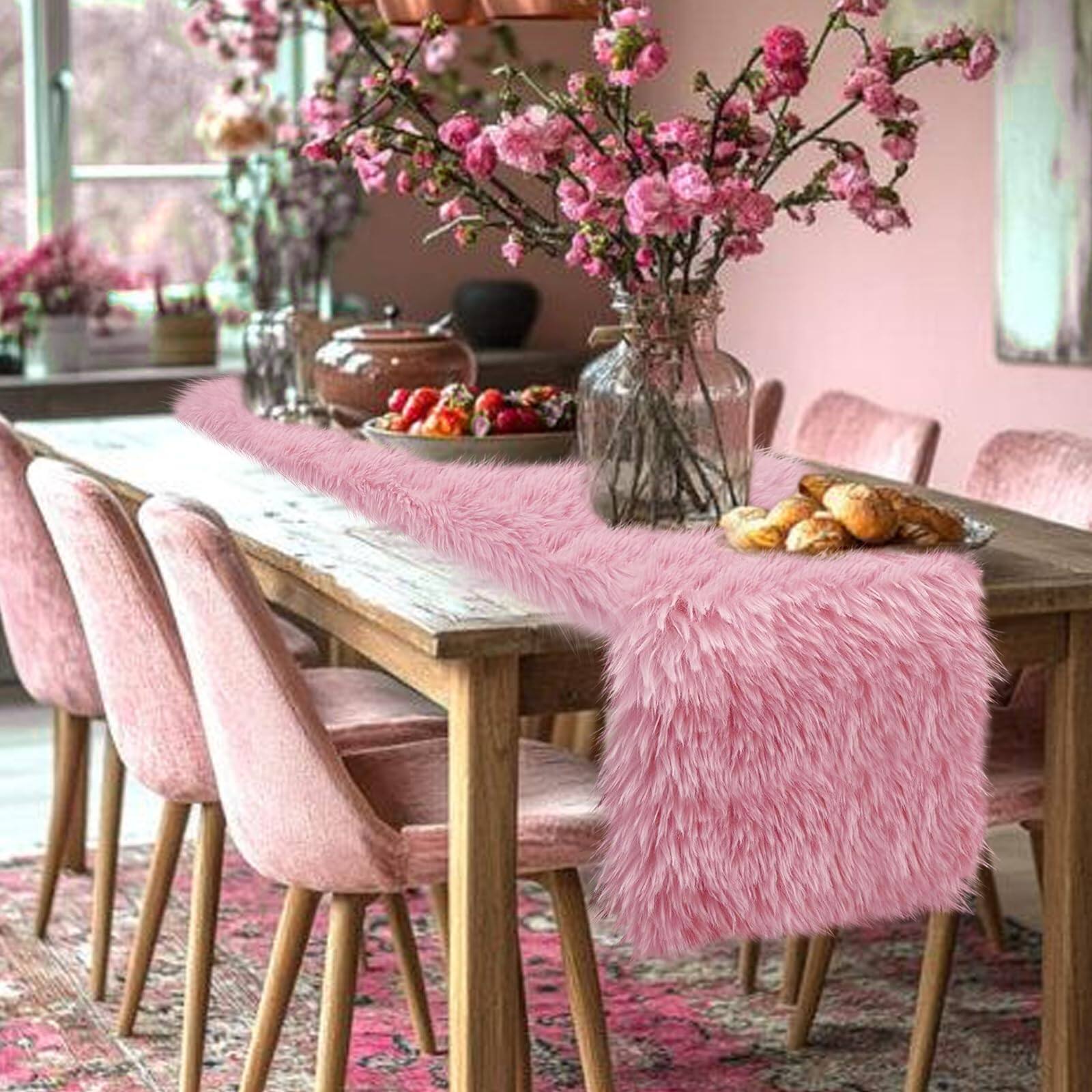 Left. Stylel Star - Pink Preppy Dresser Runner And Topper Cover 48 Inches  Girly Fluffy Faux Small Desk Decor For Home Decorations Coffee - White-72 inches.