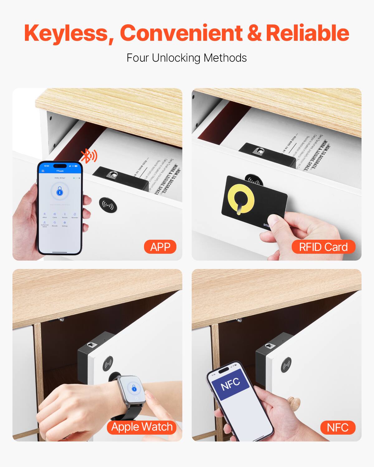 Keyless, Convenient & Reliable  
Four Unlocking Methods  

- APP  
- RFID Card  
- Apple Watch  
- NFC