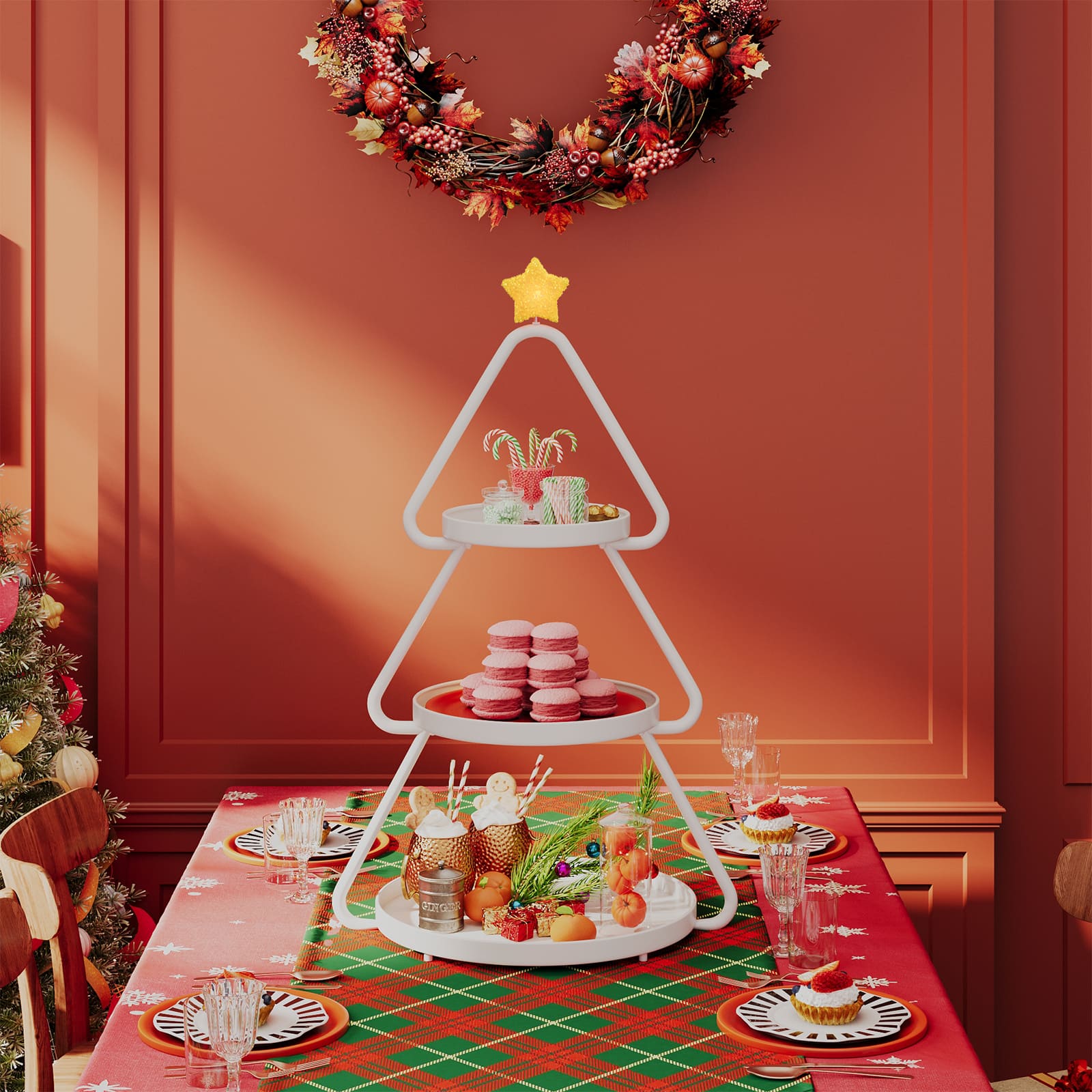 Pinmoco - Christmas Tree Metal Storage Rack, Modern Sofa Side Table, Snack Rack for Party Holiday Festival - White