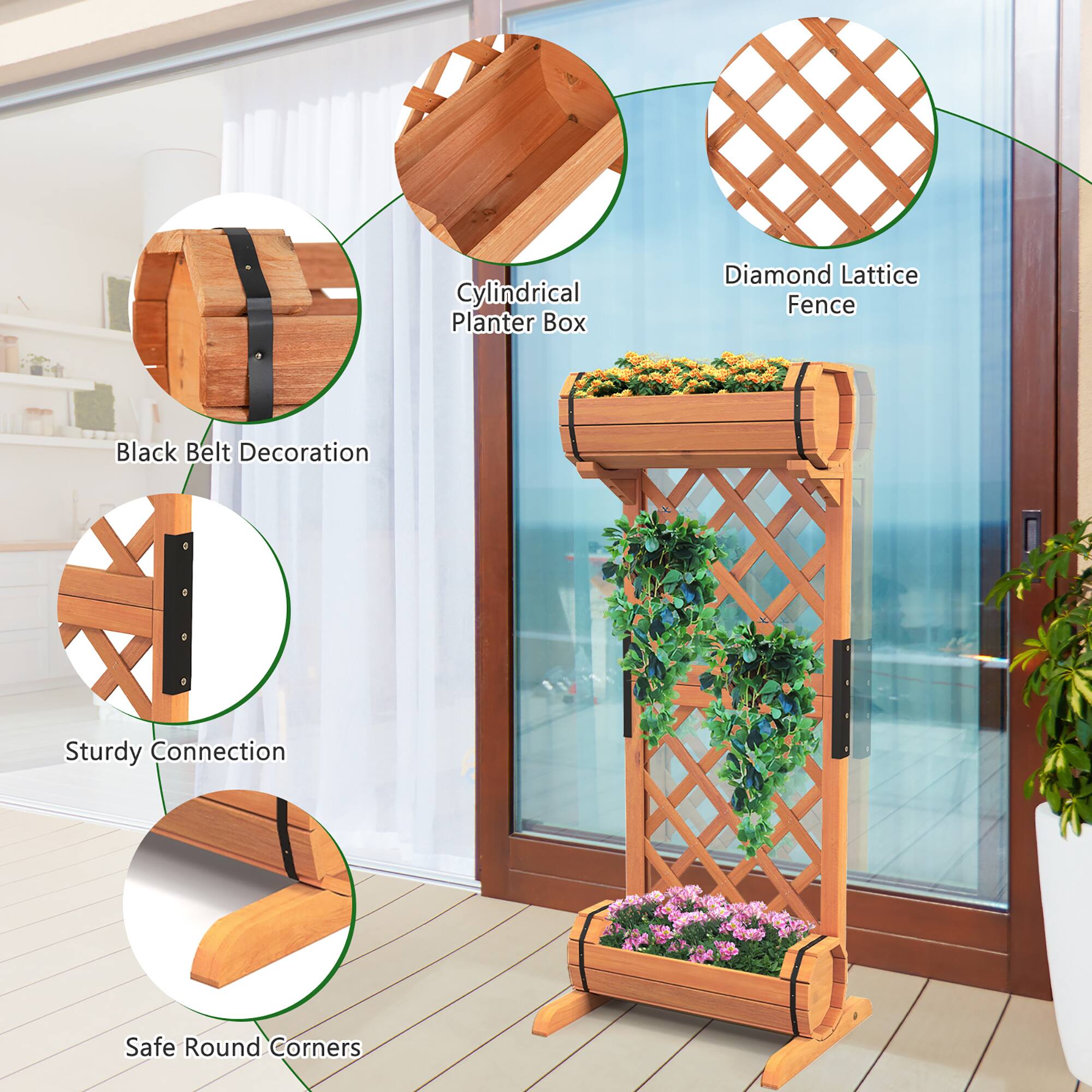 - Cylindrical Planter Box
- Diamond Lattice Fence
- Black Belt Decoration
- Sturdy Connection
- Safe Round Corners