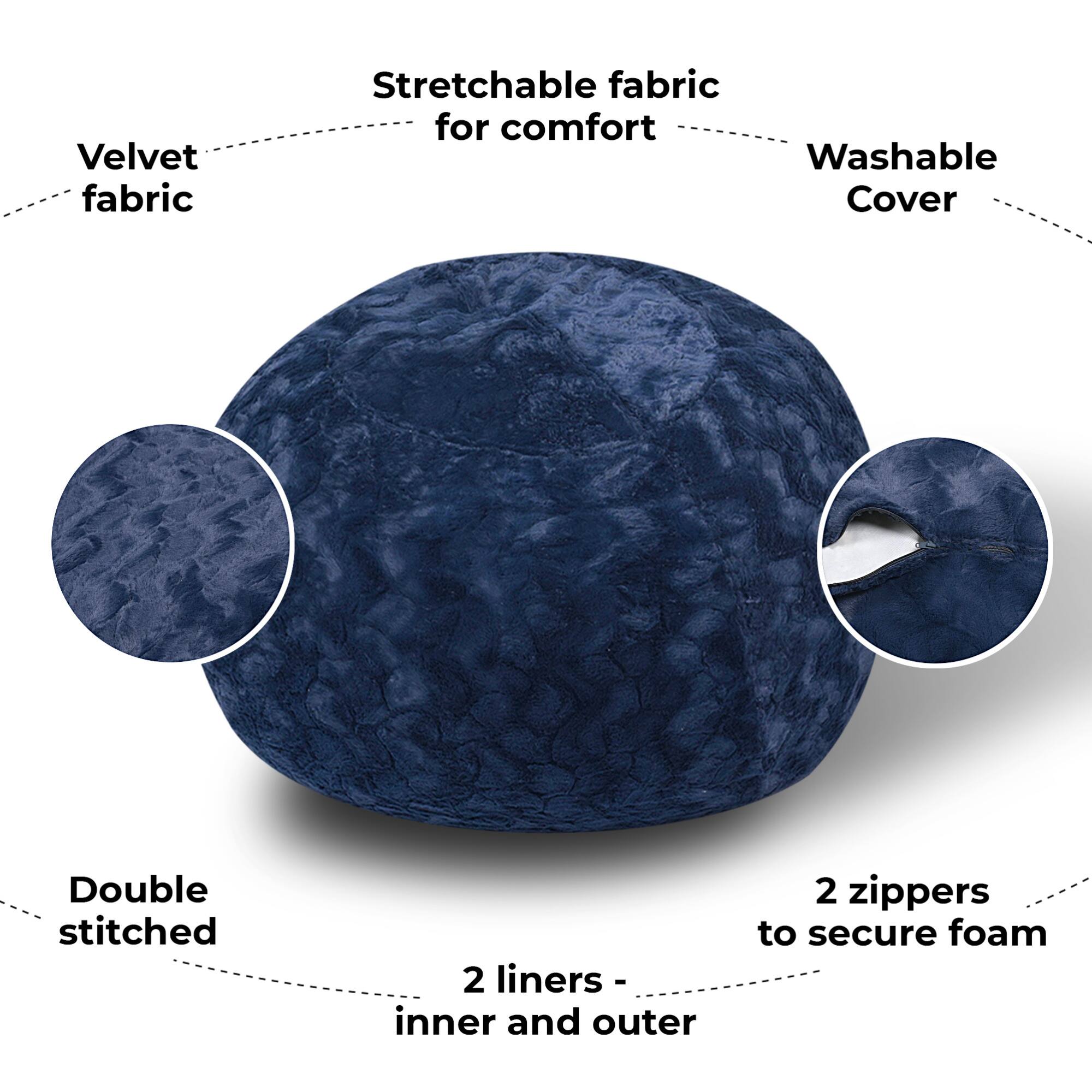 - Velvet fabric
- Stretchable fabric for comfort
- Washable Cover
- Double stitched
- 2 liners - inner and outer
- 2 zippers to secure foam