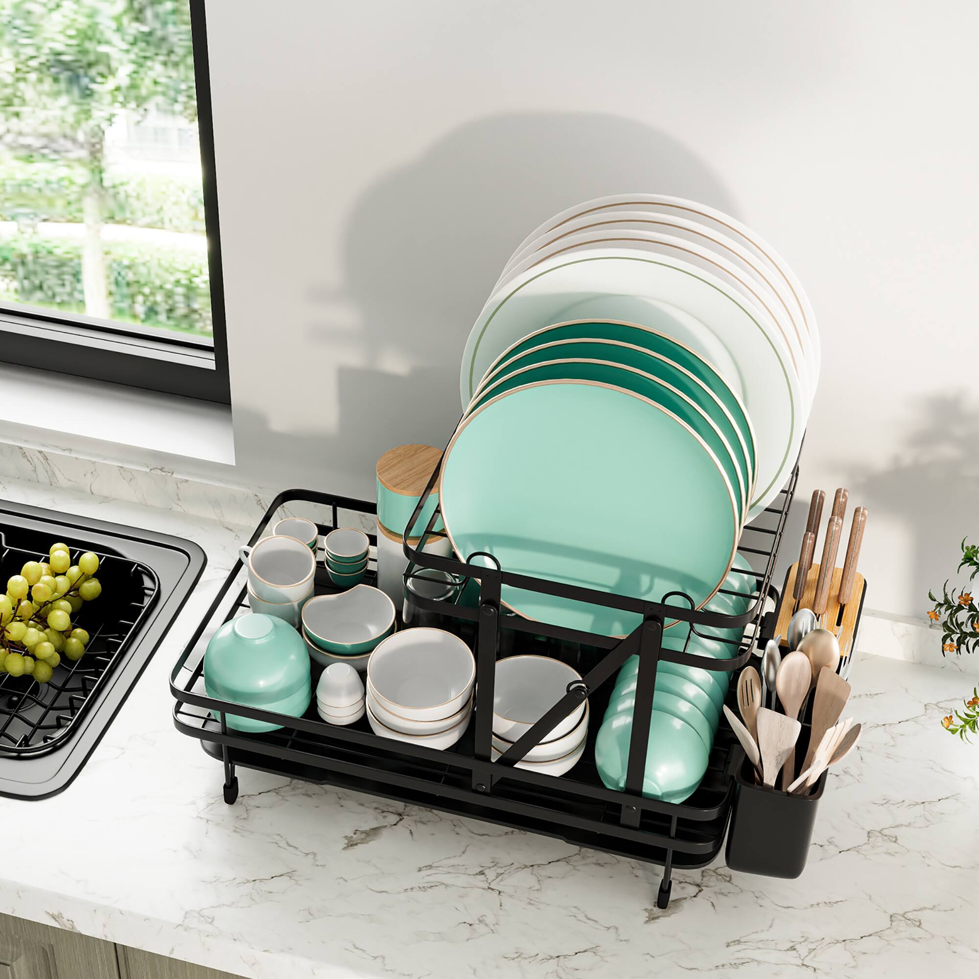 Alt View 1. Costway - Costway Dish Drying Rack Collapsible 2 Tier Dish Rack and Drainboard Set Kitchen Counter - Black.