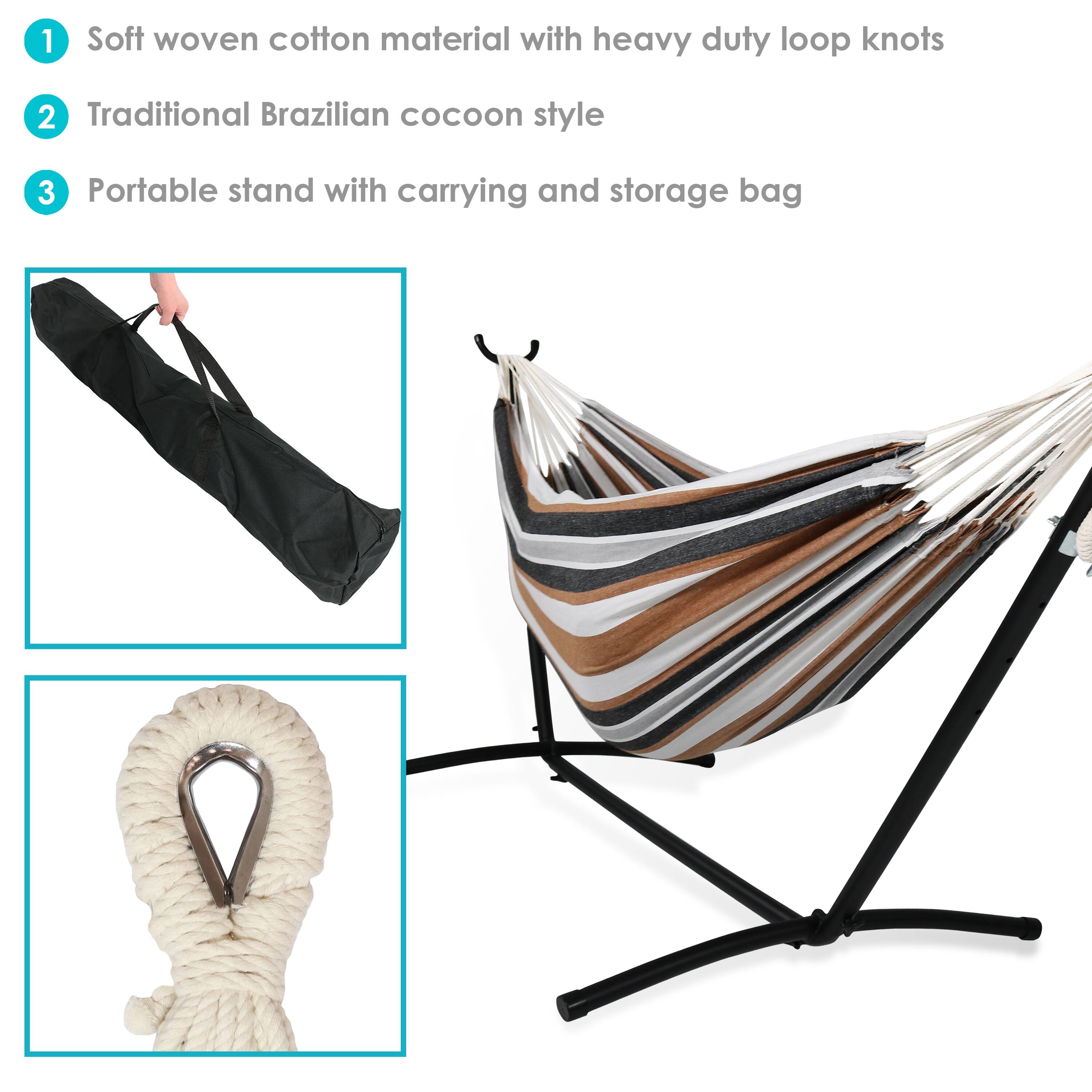 1. Soft woven cotton material with heavy duty loop knots  
2. Traditional Brazilian cocoon style  
3. Portable stand with carrying and storage bag