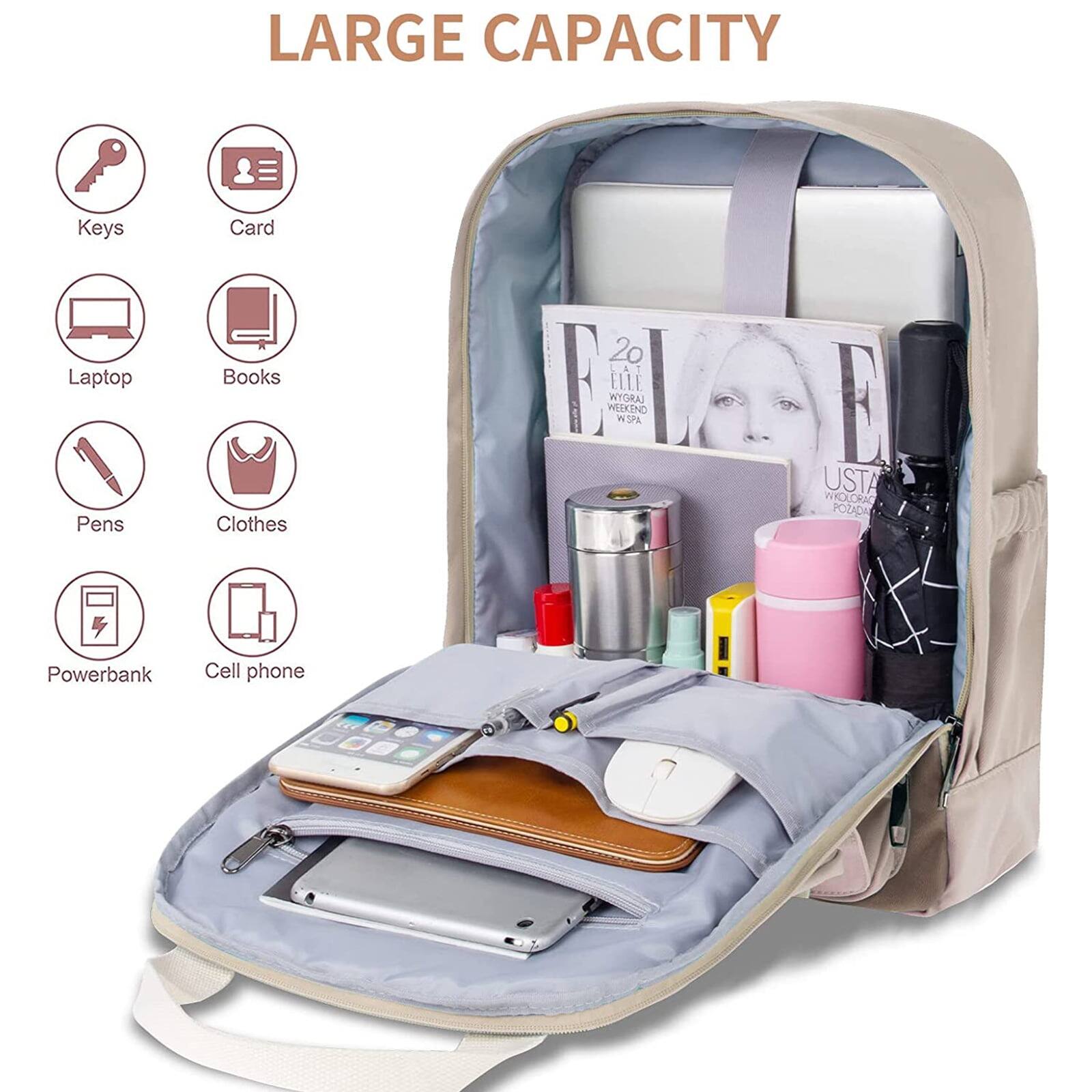 LARGE CAPACITY

- Keys
- Card
- Laptop
- Books
- Pens
- Clothes
- Powerbank
- Cell phone