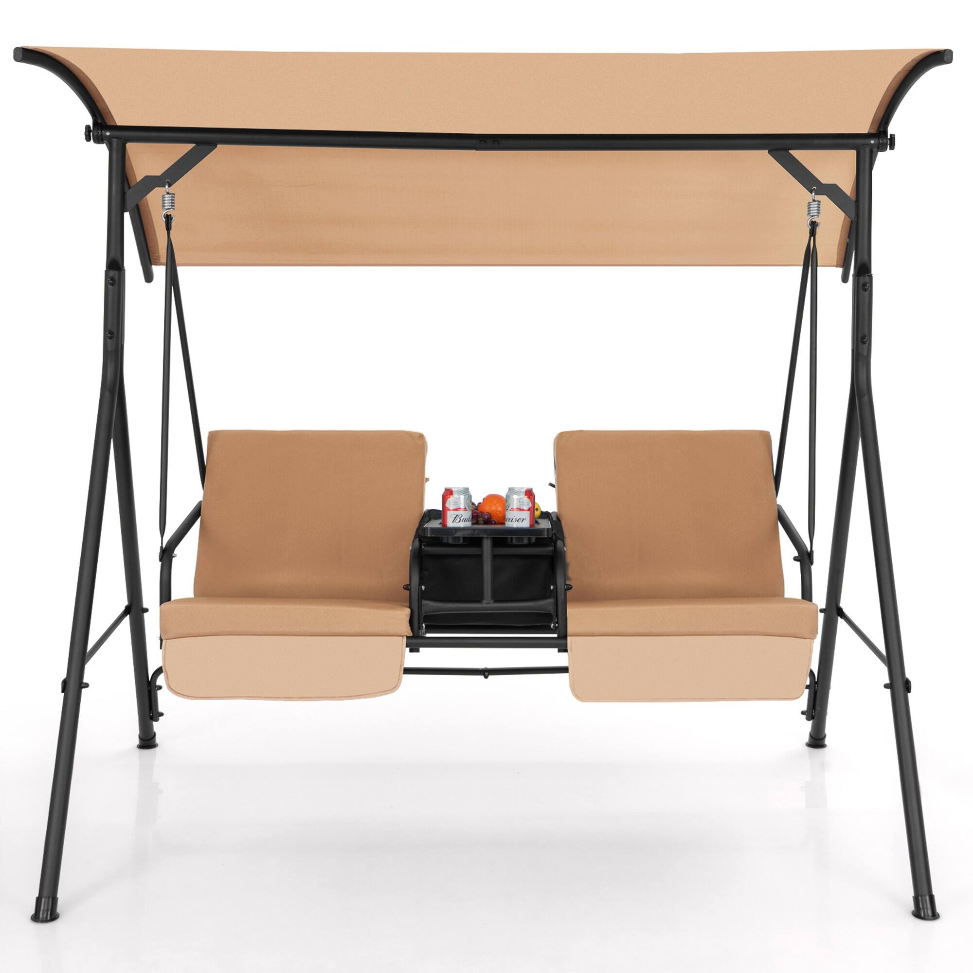 Alt View 9. Gymax - Gymax 2-Person Canopy Porch Swing Padded Chair Cooler Bag Rotatable Tray Beige - Beige.