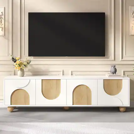 Front. CheryLife - 69.6 in. White Farmhouse TV Stand with Cable Holes and 5 Solid Wood Legs for TVs up to 75" - White.