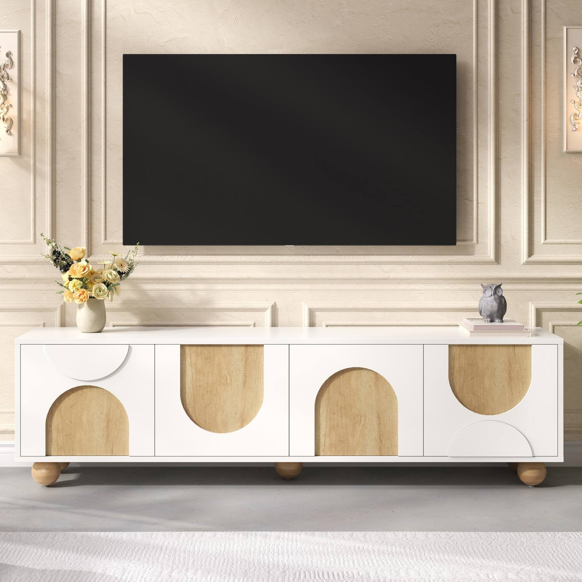Front. CheryLife - 69.6 in. White Farmhouse TV Stand with Cable Holes and 5 Solid Wood Legs for TVs up to 75" - White.